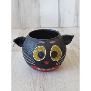 Glitter black cat face Halloween candle tea light holder